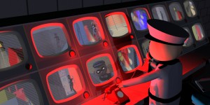 3D animation, character in security uniform monitoring live security cameras with thief on screen.